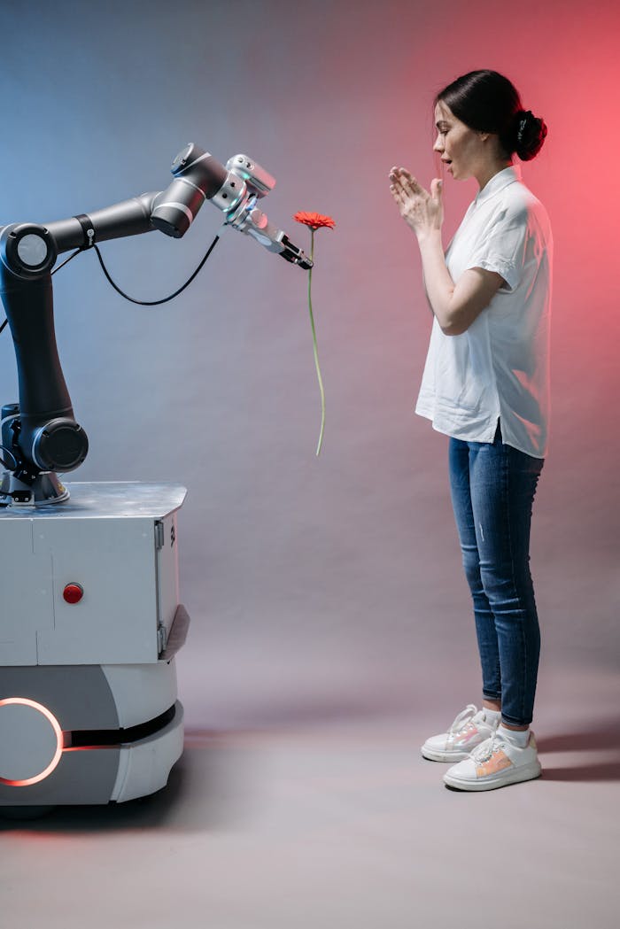 A robotic arm presenting a red flower to a surprised woman in a studio setting.